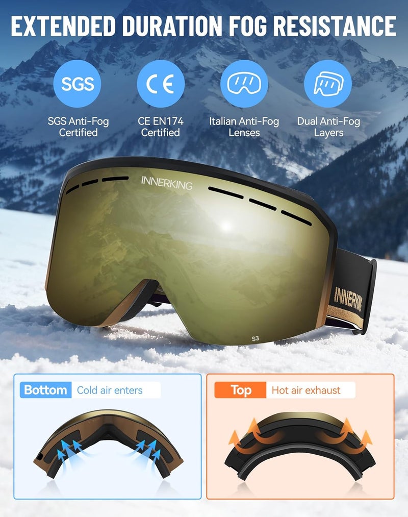 Innerking Ski/Snowboard Goggles OTG for Men Women & Youth - Over Glasses Snow Sports Goggles Anti Fog 100% UV400 Protection - Image 2